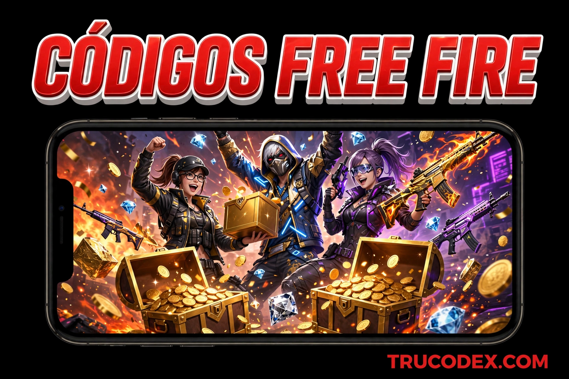 Códigos Free Fire gratis - personajes celebrando con cofres de recompensas